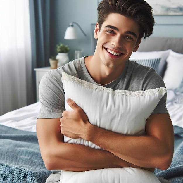 Día de dormir un hombre abrazar la almohada con una foto de sonrisa