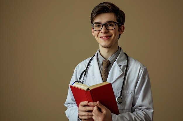 Foto dia dos médicos bonito jovem homem bonito em casaco de laboratório e óculos sorrindo e segurando um livro