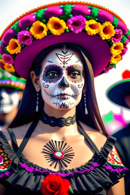 Dia dos Mortos Fastival Celebrar Crânio Mexicano Halloween Mulher Maquiagem IA Ilustração Generativa