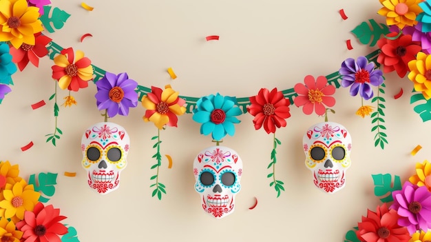 Dia dos mortos guirlandas de papel colorido papel picado isolado em fundo de marfim