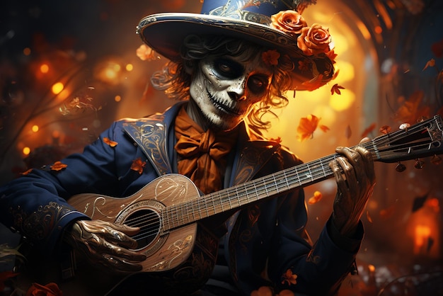 dia dos mortos música realista com um esqueleto segurando uma guitarra no estilo de atmosfera luminosa