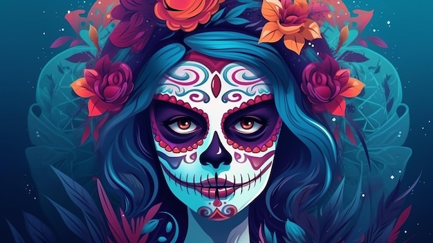 Dia dos Mortos ou Dia de los muertos com retrato de menina maxican usando máscara de carnaval do dia dos mortos