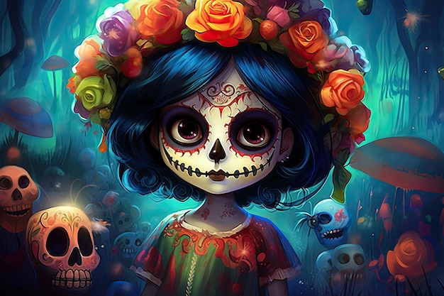 Foto dia dos mortos ou dia de muertos criança bonita arte mexicana colorida pintura facial tradicional infantil