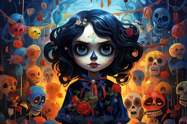 Dia dos Mortos ou Dia de Muertos criança bonita arte mexicana colorida pintura facial tradicional infantil