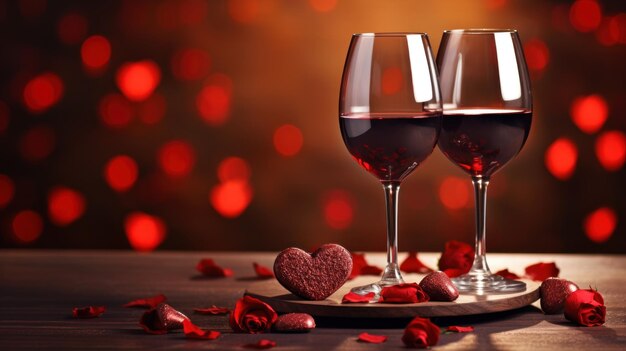 Foto dia dos namorados 39 copo de vinho vermelho e rosa fundo de coração de casal há espaço para colocar texto