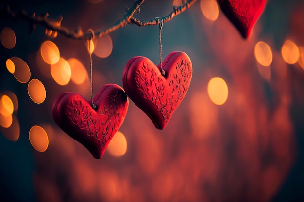 Dia dos namorados amor lindo coração pendurado no galho da árvore Generative AI
