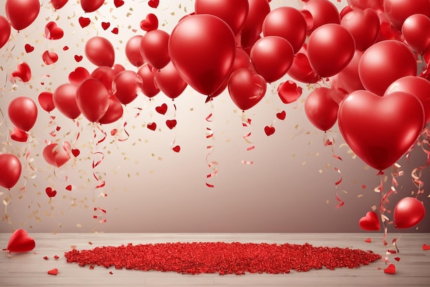 Foto dia dos namorados balões vermelhos voam em torno de hélio e formam corações fonte com balões 3d realistas festivos com fita desenho de celebração com balão ouro brilhante confete ilustração vetorial