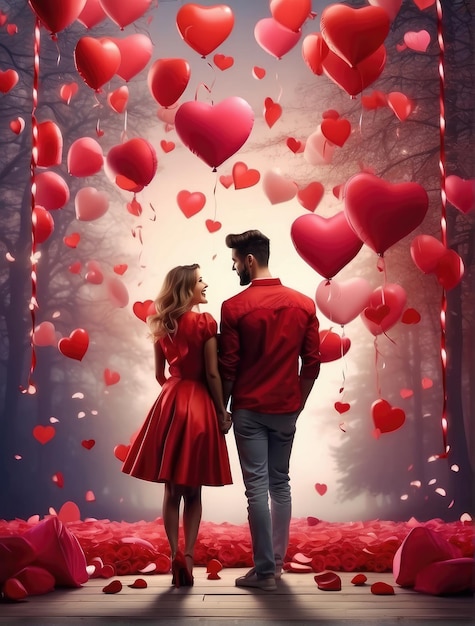 Dia dos Namorados Casal com coração vermelho e atmosfera romântica