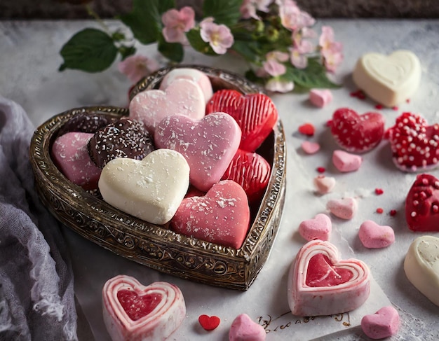 Dia dos Namorados com fundo de doces de chocolate em caixa em forma de coração