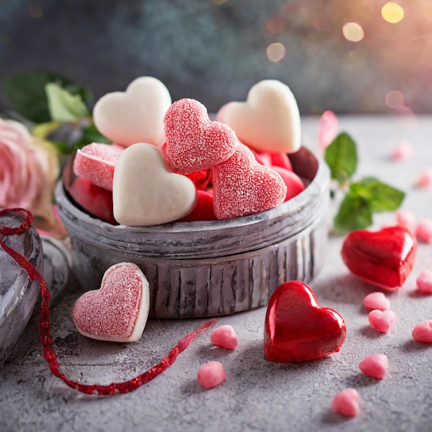 Dia dos Namorados com fundo em forma de coração doces marshmallow foco seletivo