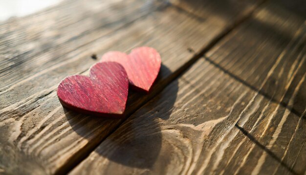 Dia dos Namorados conceito com dois corações de madeira em uma mesa rústica banhado na luz do sol quente evocando lo