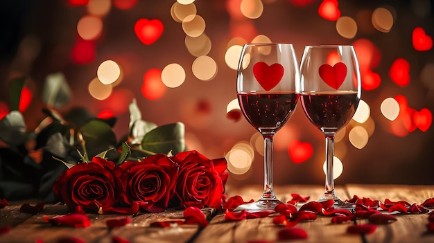 Dia dos Namorados copo de vinho está ao lado de algumas rosas no estilo de fundos espetaculares luzes brilhantes