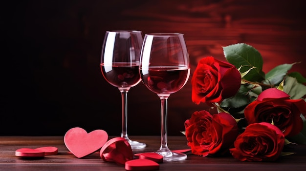 Dia dos Namorados 39 copo de vinho vermelho e rosa fundo de coração de casal Há espaço para colocar texto