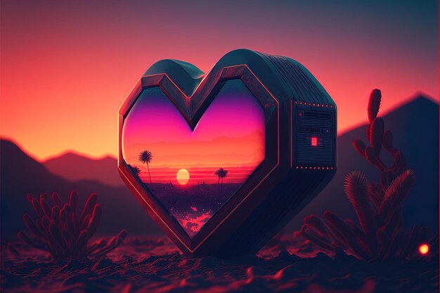 Dia dos namorados de IA generativa com corações de estilo retrô conceito de amor onda retrô pôr do sol no estilo de obra de arte synthwave gradação de cores cinematográfica profundidade de campo de luz cinematográfica