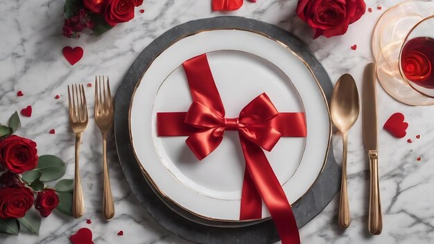 Dia dos namorados dia das mães feriado namoro refeição banquete conceito de design prato branco e fita vermelha o