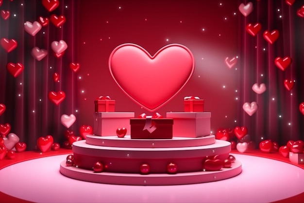 Dia dos Namorados exibe palco em forma de coração fundo em espaço vermelho com corações e uma caixa de presente