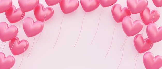 Dia dos namorados, modelo para o conceito de amor, ilustração 3D de balões em forma de coração vermelho flutuando sobrepostos com o espaço em branco, fundo do banner