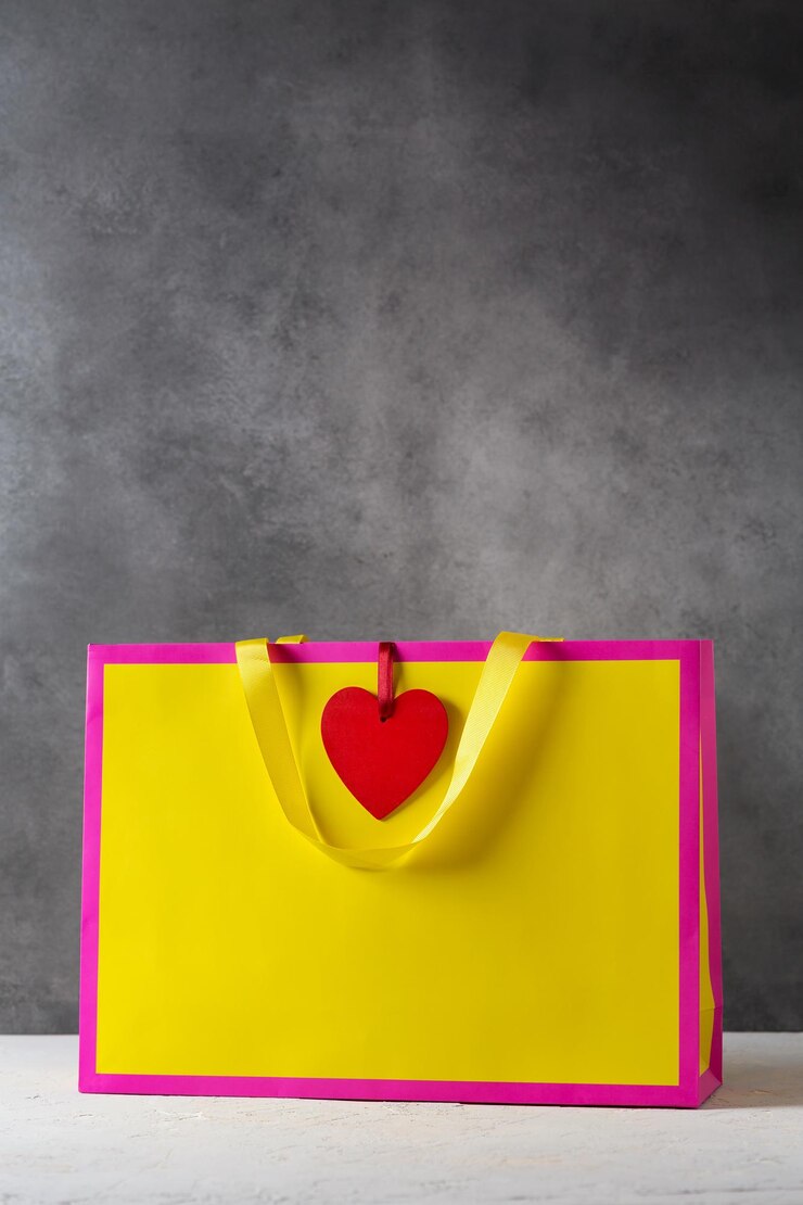 Foto dia dos namorados presente saco de presente em cores brilhantes rosa e amarelo com etiqueta vermelha em forma de coração, maquete