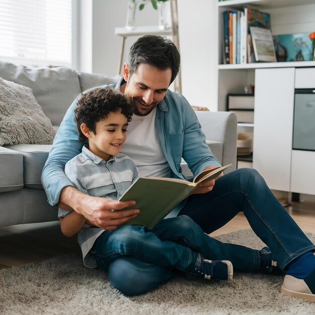 Foto dia dos pais pai e filho lendo um livro no chão