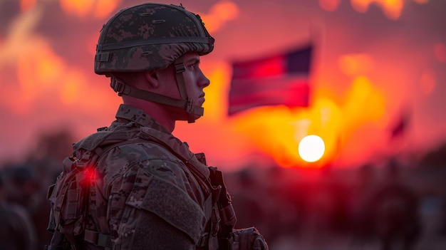 Dia dos Patriotas Memorial Feriado nacional dos EUA Soldado americano ao pôr do sol