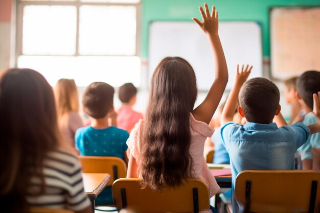 Dia dos Professores Professores inspiradores na frente da turma alunos dedicados levantando as mãos em sinal de participação No Dia dos Profesores celebramos aqueles que moldam mentes e transformam vidas