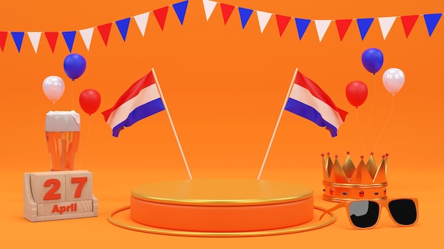 Dia dos Reis Celebrar o Podium 3d renderizando o Aniversário dos Reis na Holanda