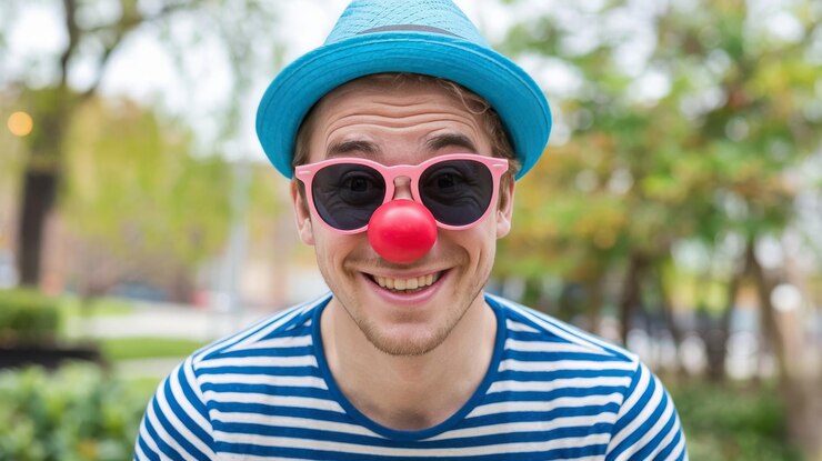 Foto dia dos tolos de abril homem sorrindo despojado óculos de sol cor-de-rosa nariz vermelho palhaço engraçado puxando azul hr fio