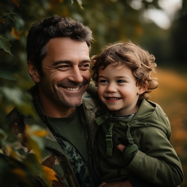 Dia dos Veteranos Militar pai abraça filho Retrato de família americana feliz com foco nas costas do pai