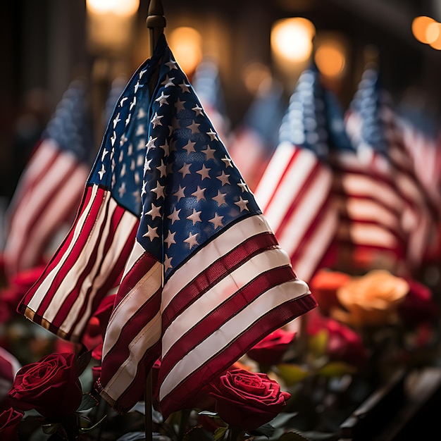 Dia dos VeteranosFeliz conceito do Dia dos Veteranos Bandeiras americanas contra um fundo de quadro negro, 11 de novembro