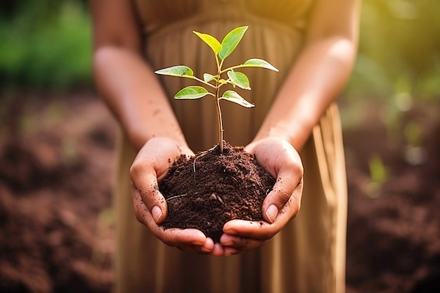 Día ecológico de la Tierra En las manos de las plántulas en desarrollo de árboles Una mujer agarra un árbol en un campo