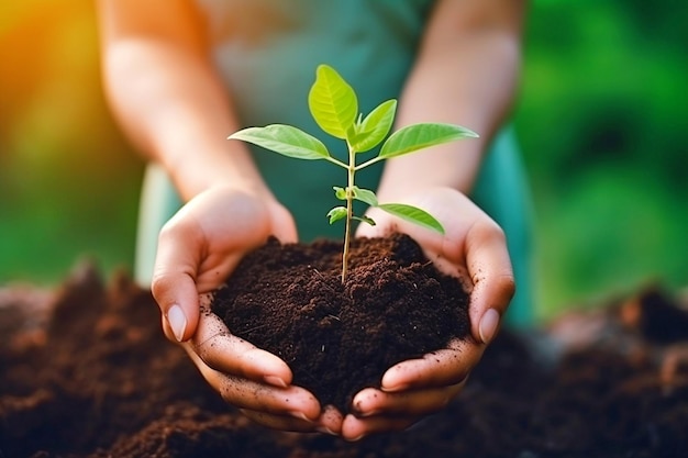 Día ecológico de la Tierra En las manos de las plántulas en desarrollo de árboles Una mujer agarra un árbol en un campo