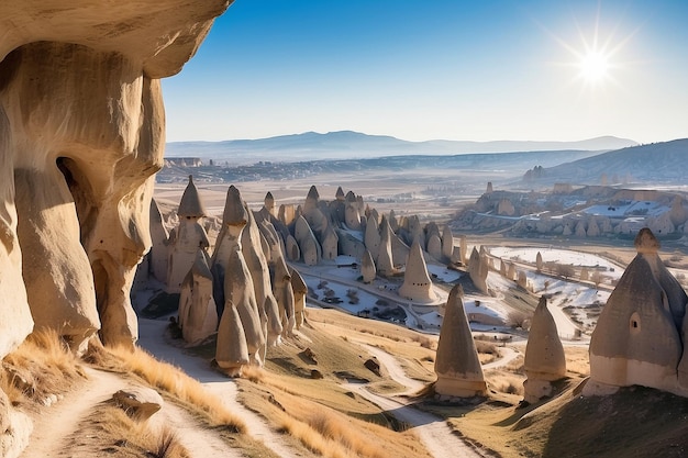 Dia ensolarado de janeiro nas rochas da Capadocia, Turquia