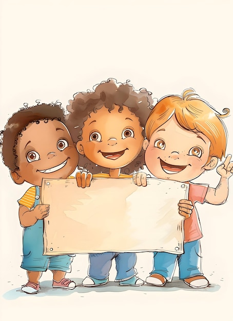 Foto dia feliz das crianças copia espaço ilustração ids de fundo desenho animado segurando um cartaz vazio