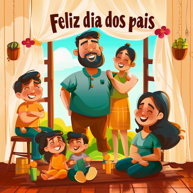 Foto dia feliz dos pais com ilustração de família de desenhos animados