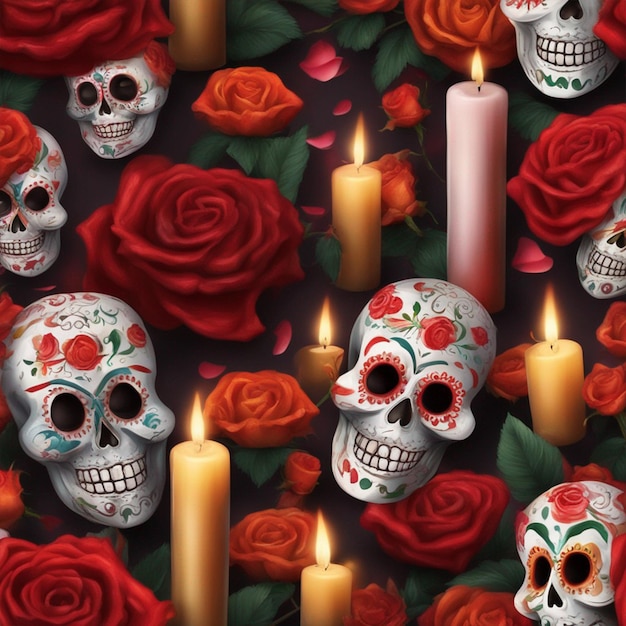 Día festivo mexicano de composición realista muerta con máscara aterradora, velas y papel tapiz de rosas