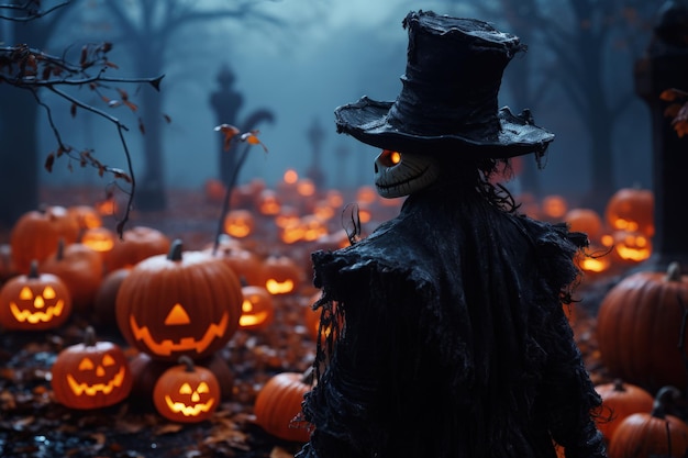 Día de fiesta de Halloween de los muertos atmósfera espeluznante sombreros altos calabazas talladas velas encendidas tonos naranja fiestas de disfraces bromas de miedo en la noche