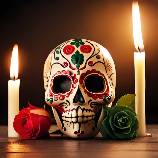 Día de fiesta mexicano de composición realista muerta con máscara de miedo velas y rosas