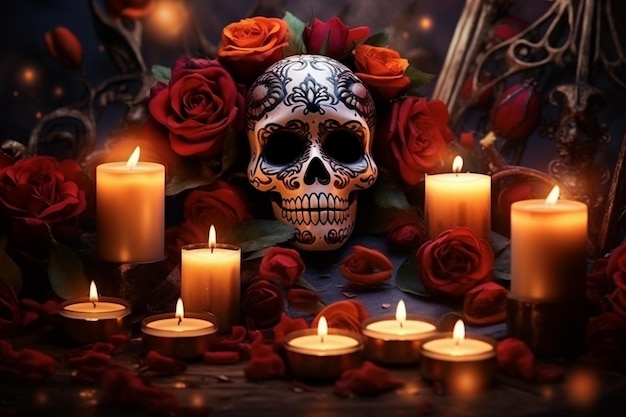 Foto día de fiesta mexicano de la composición realista de los muertos