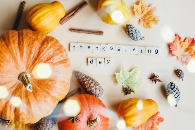 Día de Gracias. Composición de calabazas, calabazas, piñas. Tarjeta festiva de otoño.