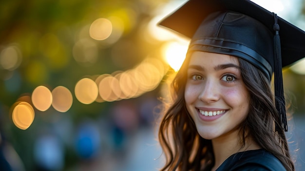 El día de la graduación mira hacia atrás a un joven estudiante con una gorra de graduación y un vestido con un diploma El concepto de éxito