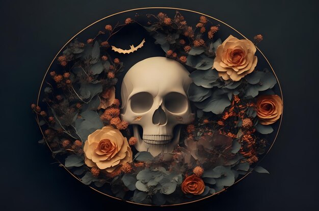 día de Halloween del cráneo muerto con flores en un círculo estilo de arte de papel ai generado fondo