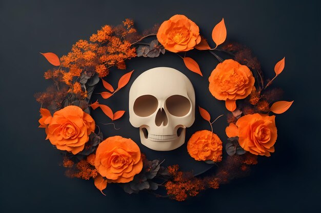 día de Halloween del cráneo muerto con flores en un círculo estilo de arte de papel ai generado fondo