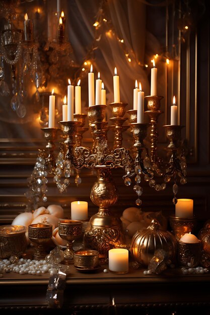 Día de Hanukkah Celebre el Festival de las Luces Decoraciones Menorahs Dreidels y fotografías de familia