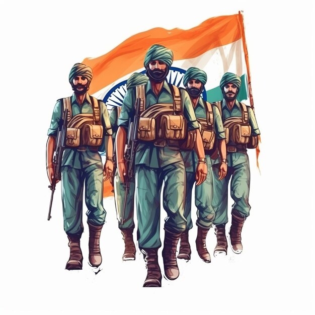 Día de la Independencia de la India Grupo de soldados del ejército indio con bandera indio aislada sobre un fondo blanco Generativo ai