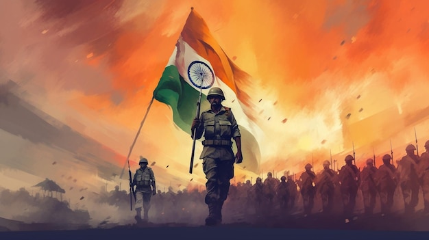 Día de la independencia india ilustración del ejército indio sosteniendo su bandera Generativo ai