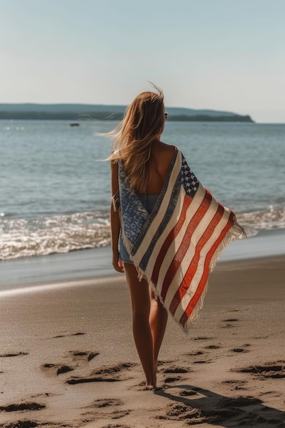 Día de la independencia una mujer con una bandera americana