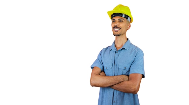 Día de los ingenieros Hombre negro en casco de seguridad y camisa azul aislado en naranja