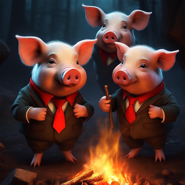 Día Internacional de los Animales Happy Pig Trio of Dapper Swine Nocturnal Campfire Tales in Exquisite Detail