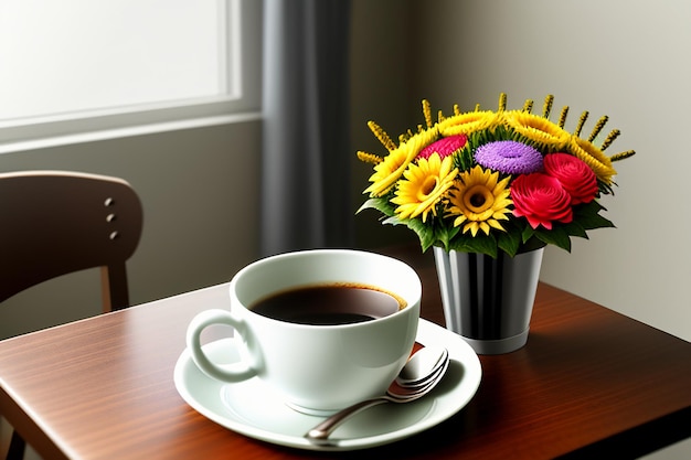 Foto día internacional del café delicioso café y hermosas flores fondo de pantalla romántico