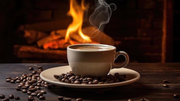 Día Internacional del Café Una imagen de una taza fragante con frijoles tostados esparcidos sobre la mesa